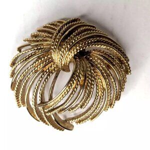 Vintage Monet Mirador Brooch Signed Fireworks Gold 1960s 2 Inch, Sunburst, Swirl